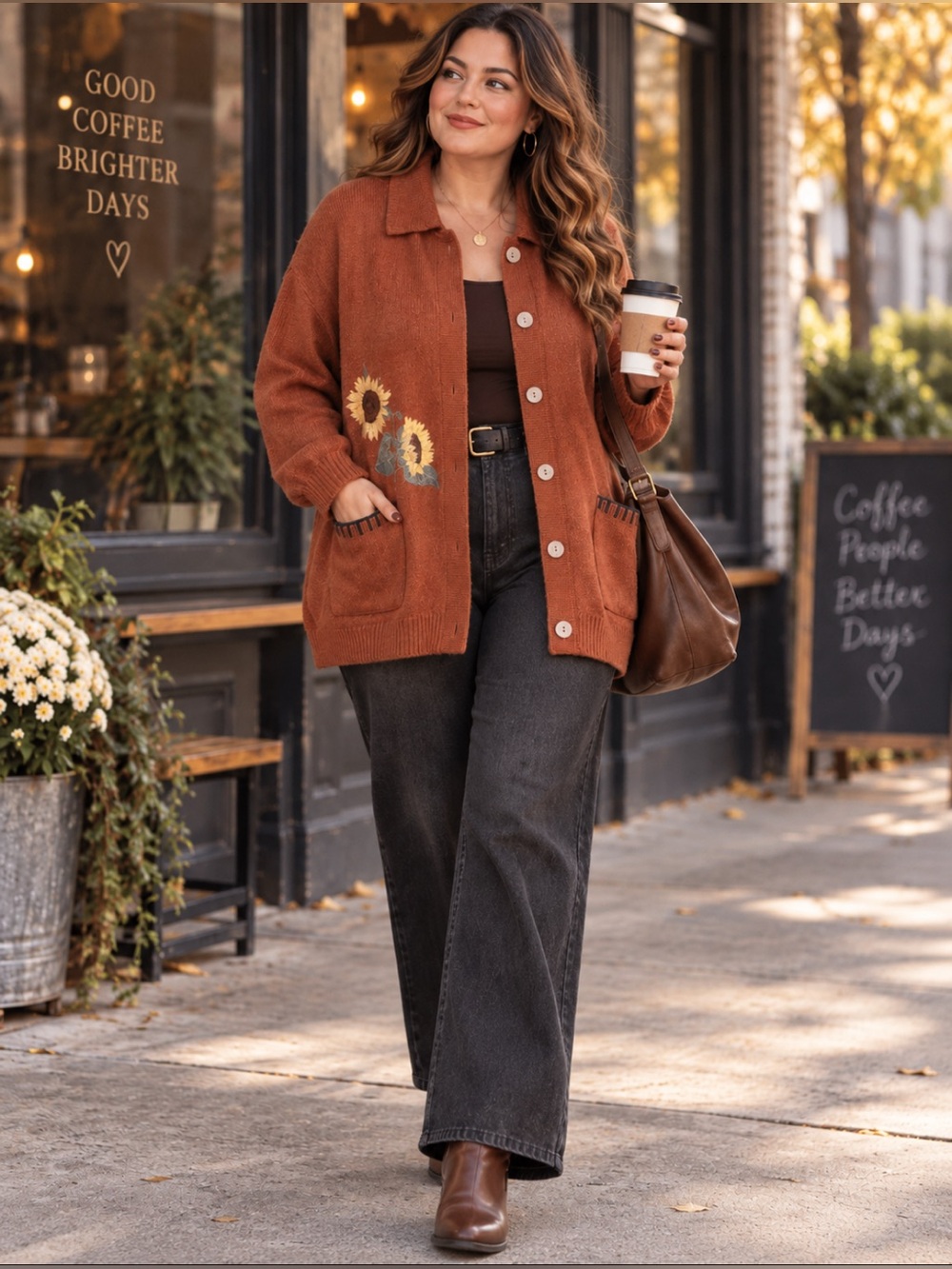 Coldwater Creek Rust Sunflower Cardigan Sweater | Size  XL | NWOT